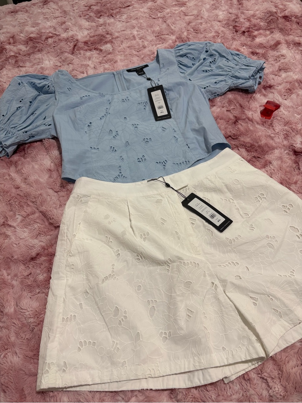 French Connection White Embroidered Eyelet Bermuda Short and Blue Eyelet Blouse